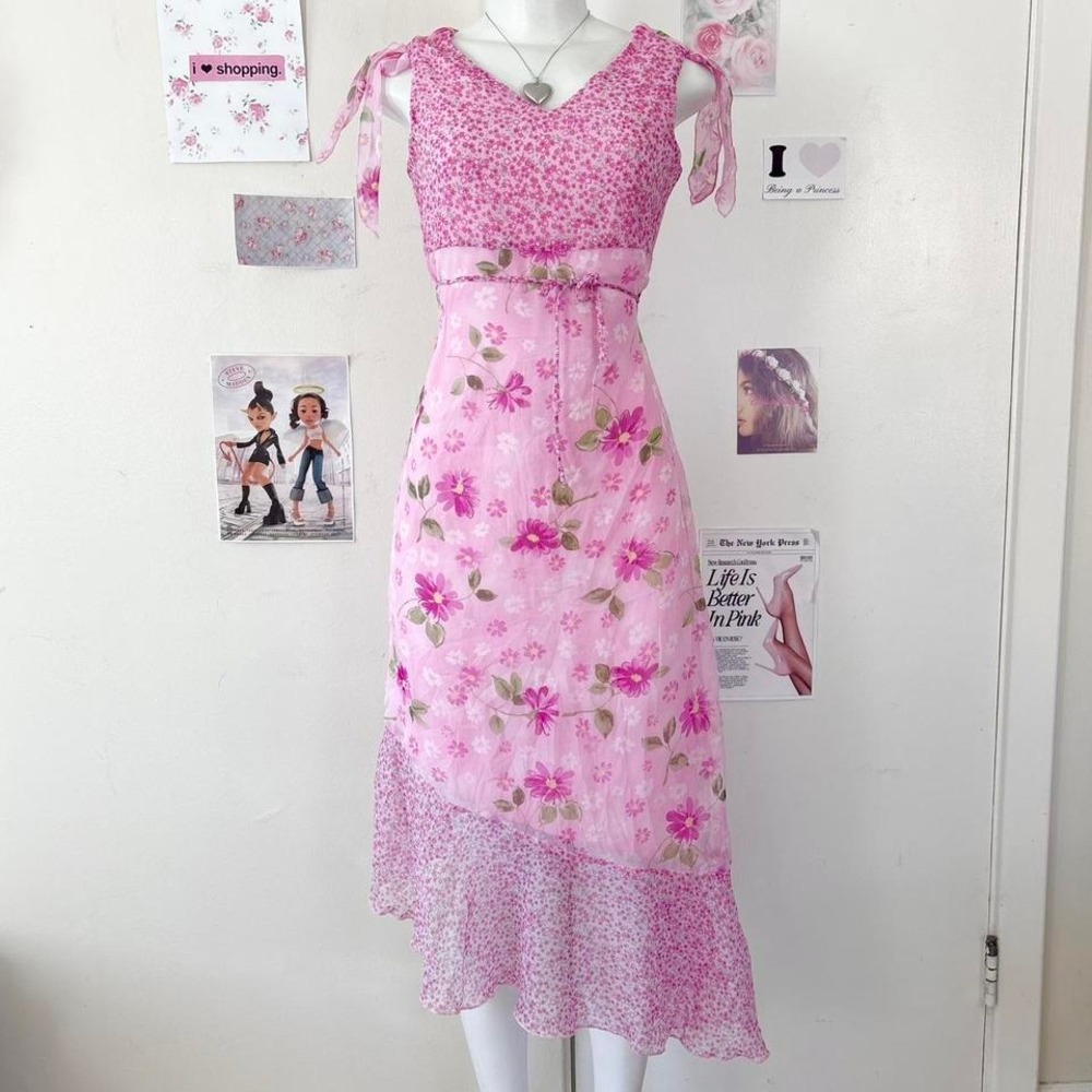 Pink Floral Tie-Shoulder Midi Dress